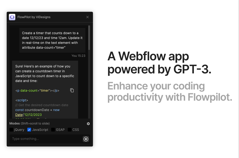 Flowpilot is an innovative Webflow app integrating OpenAI to streamline coding. Enjoy preset code modes, a one-time payment model, and a seamless ChatGPT integration for enhanced coding efficiency and user experience within Webflow.