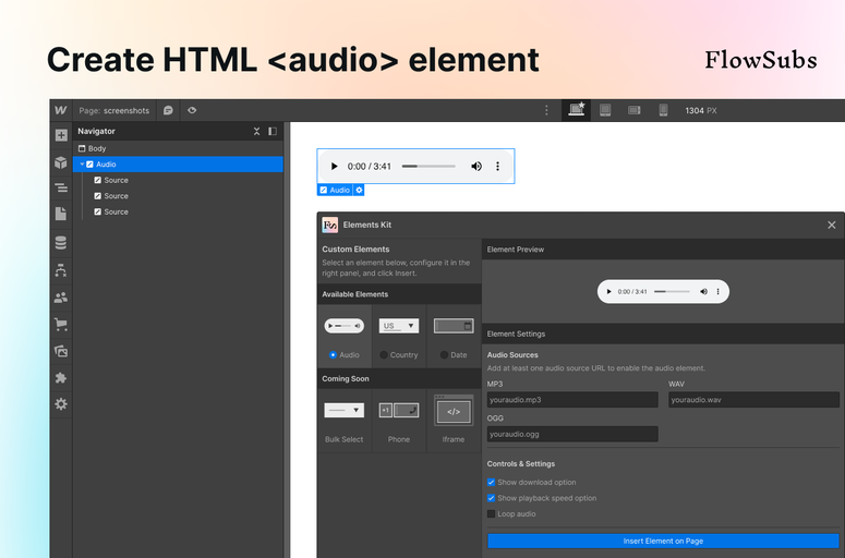 Enhance your Webflow site effortlessly with Elements Kit. Simplify HTML element integration with features like Audio Element, Country Select Field, Date Input Field, and upcoming additions. Streamline your workflow and improve user experience with this powerful Webflow app.