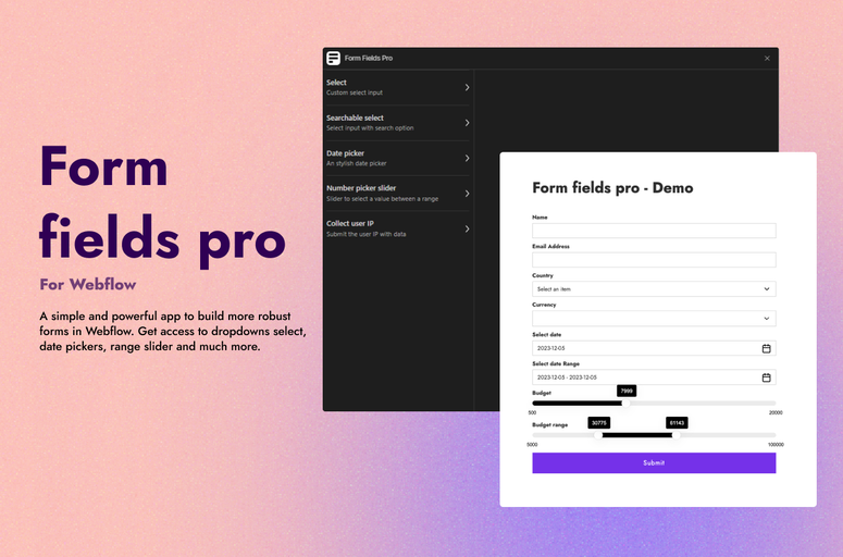 Enhance your Webflow forms with Form Fields Pro app, offering advanced select fields, date pickers, number range pickers, and customer IP address tracking. Elevate customization, user experience, and data insights for your Webflow projects with this powerful tool.
