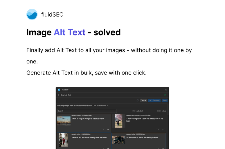 Streamline and enhance SEO management with fluidSEO, a powerful Webflow app. Easily update Alt Text, integrate structured data, and generate AI-driven meta descriptions. Enhance SEO, save time, and optimize your Webflow site effortlessly.