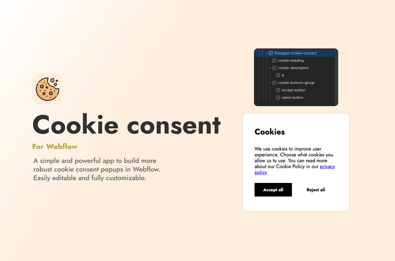 Enhance privacy compliance with the Cookie Consent Webflow App. Customize cookie consent popups seamlessly within your Webflow site, empowering users with control. Ease compliance with global privacy regulations like GDPR. Opt for efficiency and transparency in managing cookie preferences.