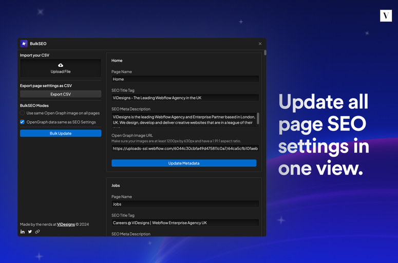 Optimize SEO effortlessly with BulkSEO, a Webflow app for efficient bulk editing of SEO data across multiple pages. Save time, improve consistency, and enhance SEO performance with seamless CSV import/export capabilities. Ideal for Webflow designers managing sites with extensive optimization needs.