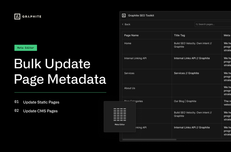 Optimize websites with ease using Graphite, a powerful Webflow app for efficient metadata management and SEO optimization. Save time with bulk editing, improve crawling with Robots.txt Builder, and enhance search results with Schema Markup Builder. Streamline your SEO efforts with Graphite's user-friendly features.