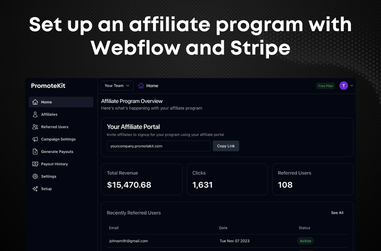 PromoteKit: Enhance your affiliate marketing with this Webflow app. Easy setup, Stripe integration, customizable affiliate portal, and advanced tracking. Ideal for e-commerce, subscription-based, and digital product businesses.
