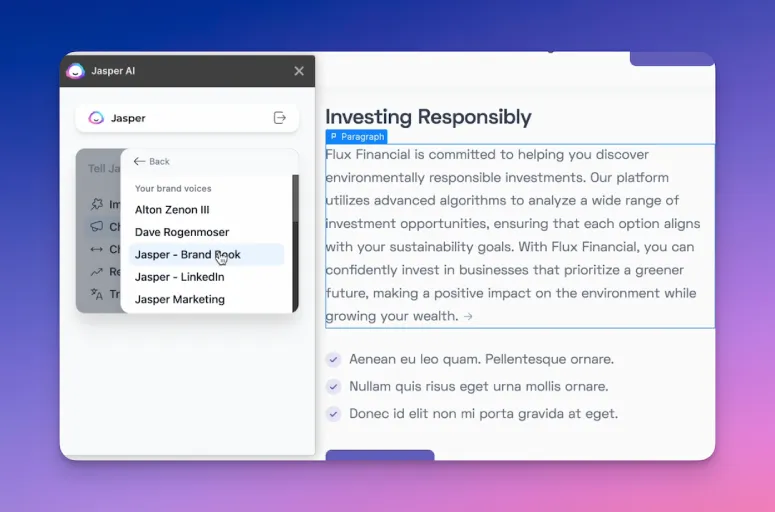 Discover how Jasper, the AI marketing copilot integrated in the Webflow app, speeds up content creation, enhances brand consistency, and supports multilingual adaptation. Maximize efficiency with Jasper's AI-powered features and enterprise-grade security for Webflow users.