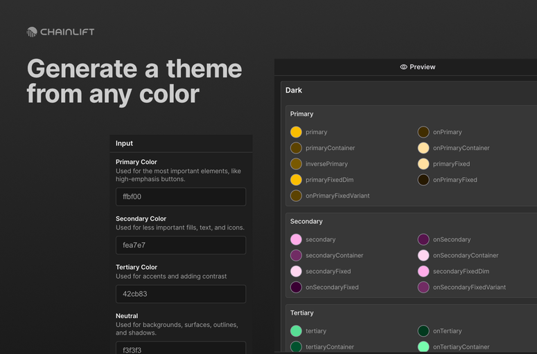 Chainlift Color: A powerful Webflow app for efficient dynamic color system creation. Generate Material 3 color themes with light/dark modes and utility classes. Ideal for brand color exploration and fast design customization in Webflow.
